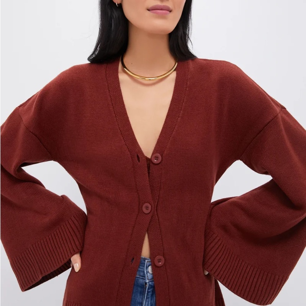 WEWOREWHAT cinched waist cardigan in chestnut Elegant Maroon Button-Up Cardigan - Picture 4 of 9
